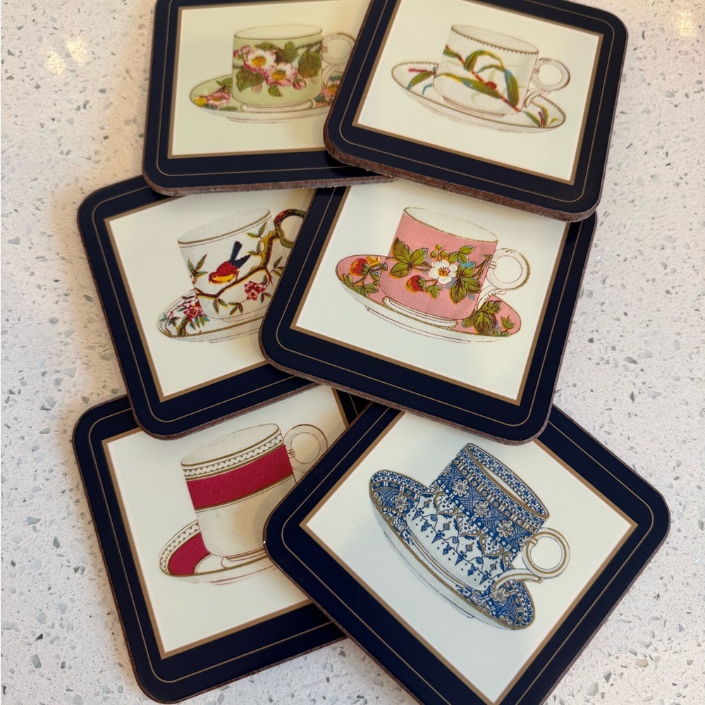 Pimpernel Winterthur Cups & Saucers + Cork-Backed Coasters – Set of 6 – NIB